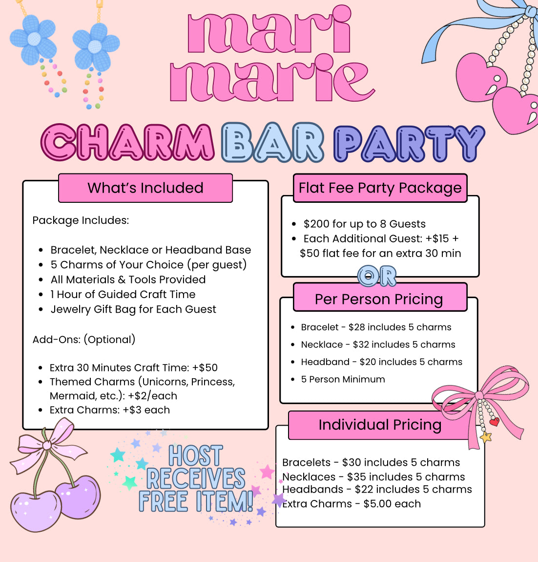 Charm Bar Party (8 Girls + Birthday Girl Free) – Mari Marie Boutique LLC