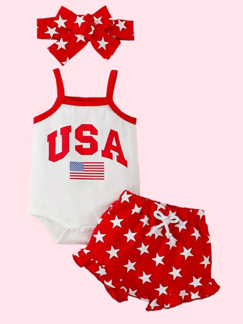 Baby Girl ✿✿ USA ✿✿ Thin Strap Sleeveless Onesie & Star Shorts & Headband Set