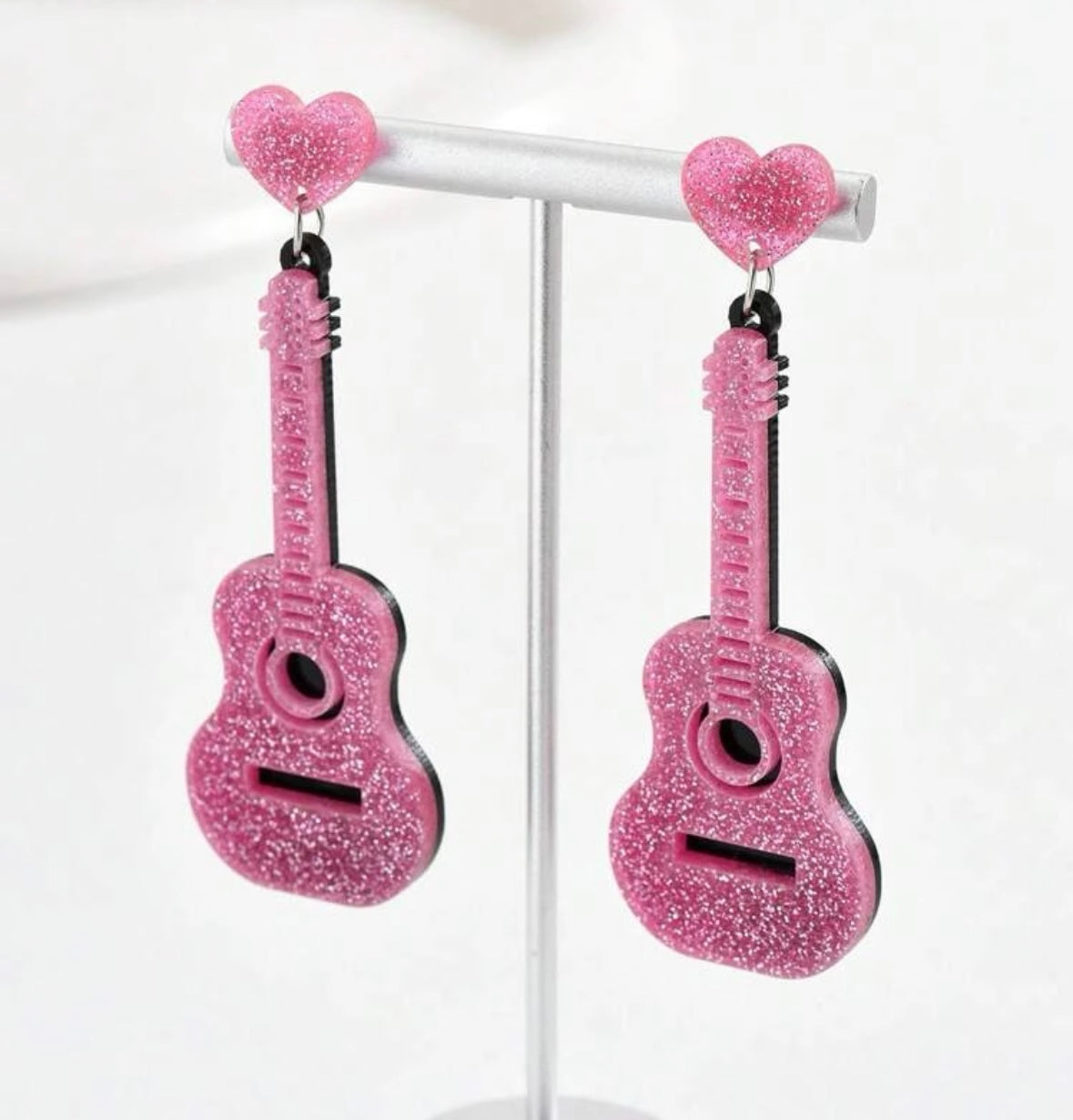 Pink Glitter Guitar Earrings